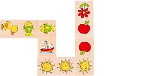 goki 56815 Dominospiel „Dominiques Domino“ aus Holz, 28-teilig – farbenfrohes Bilderdomino mit kindgerechten Motiven, ab 2 Jahren