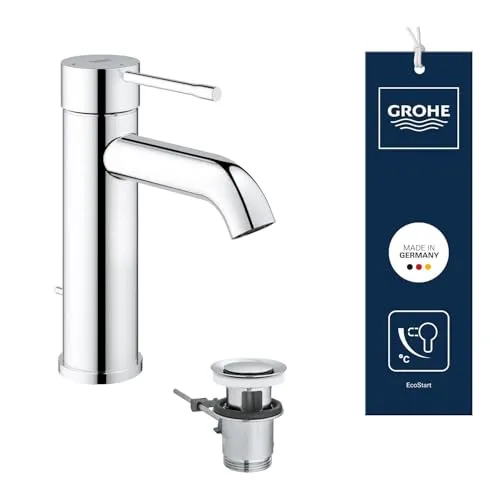 GROHE Essence Waschtischarmatur - Energiesparende Waschtischarmatur für Waschbecken, 17cm hoch, mit wassersparendem Design und Zugstangen-Ablauf – ideal für umweltbewusste Badezimmer.