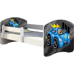 ACMA Jugendbett Kinderbett Junior-Bett Komplett-Set mit Matratze Lattenrost und Rausfallschutz Weiß 05 Blaue Auto 180x80 - Weiß