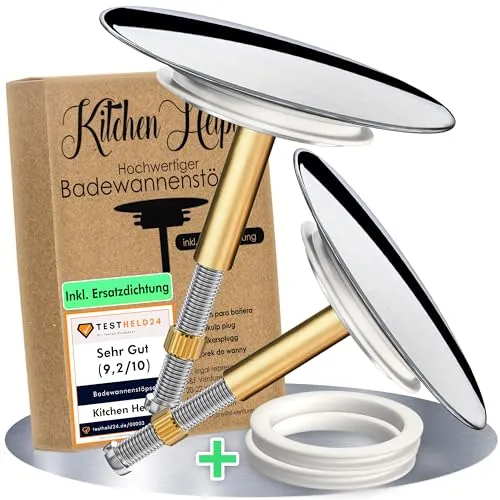 Kitchen Helpis® 2 Badewannenstöpsel Universal, ⌀ 72 mm Stöpsel, ROSTFREI und HOCHGLANZVERCHROMT, 100% dicht Dank passgenauer Doppeldichtung, Stöpsel für alle gängigen Badewannen da höhenverstellbar