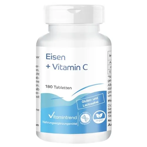 Vitamintrend Eisen + Vitamin C aus Acerola, 180 Tabletten, schluckfreundlich 40mg Vitamin C + 40mg Eisen pro Tablette, hochdosiert Nahrungsergänzungsmittel vegan ohne Magnesiumstearat, made in Germany