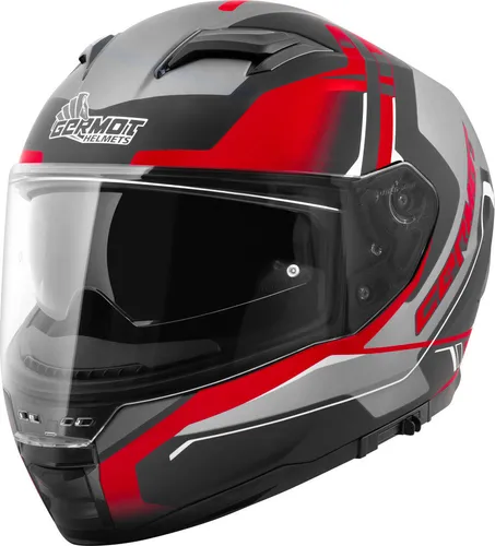 Germot GM 350 Dekor Helm, schwarz-grau-rot, Größe XS - Motorradhelm mit kratzfestem Visier, Pinlock-Vorbereitung und integrierter Sonnenblende für optimalen Komfort und Sicherheit.
