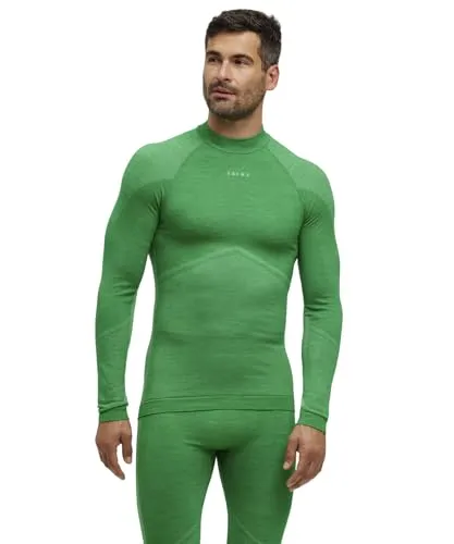 FALKE Herren Baselayer-Shirt Wool-Tech Round Neck M L/s, Grün Grass Green 7014 - Sportsocken aus geruchshemmendem, atmungsaktivem Wolle-Funktionsmaterial, das bei kalten Temperaturen warm und trocken hält – ideal für Outdoor-Aktivitäten wie Skifahren und Wandern.