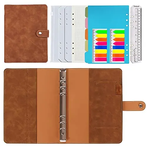 Leder Notizbuch Binder A5,PU Leder Nachfüllbares Notizbuch Ringbuch A5 Tagebuch Karierte Papier Echtleder Innentaschen für Reisearbeit und Organizer(Braun 23x17cm)