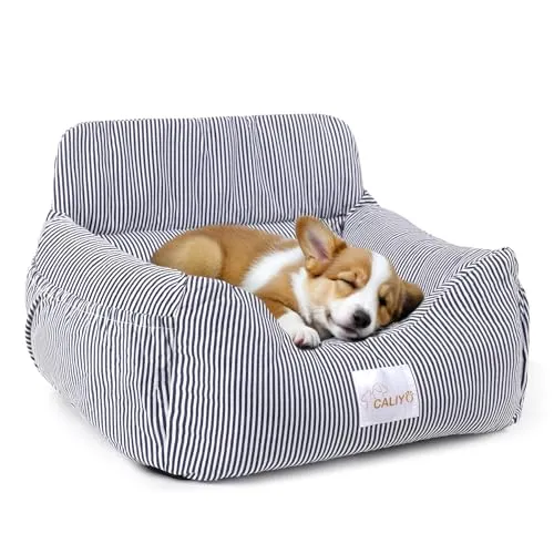 CALIYO Hundeautositz mit Stabiler Basis & Sicherheitsgurt | Hundesitz Auto für Kleine bis 10 kg | Memory Foam-Sitzauflage | Wasserdichter, Abwaschbarer Hundekorb mit Aufbewahrungstasche (Blau/Weiß)
