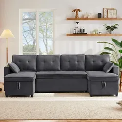 Schlafsofa U-form Baumwoll-leinenstoff Grau 270x130x86 Cm Mit Stauraum Und Getränkehaltern
