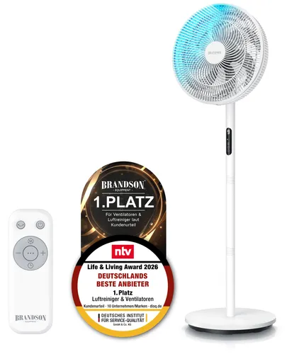 Brandson Standventilator DC 30W – Leise, Energiesparend, Höhenverstellbar - Moderner Standventilator mit DC-Motor für effiziente Kühlung. 9 Geschwindigkeitsstufen und Timer-Funktion sorgen für individuell einstellbaren Komfort. Ideal für jeden Raum und einfach mit Fernbedienung zu steuern.