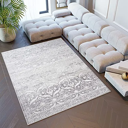 TAPISO Sky Teppich Kurzflor Modern Grau Creme Ornament Floral Design Meliert Vintage Wohnzimmer Schlafzimmer 3D Optik ÖKOTEX 90 x 150 cm