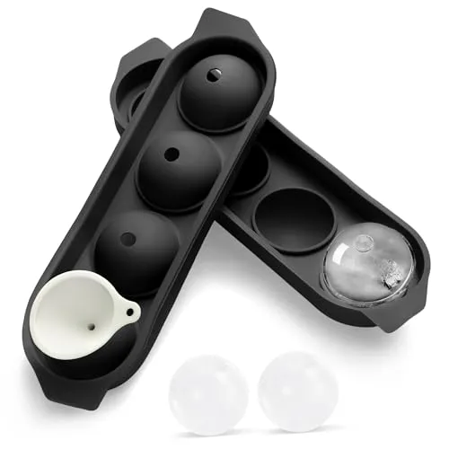 Eiswürfelform Silikon, 4x Eiswürfel Rund Eiswürfelbehälter mit Deckel, Eiswürfelform Rund, BPA Frei XXL Eiswürfel Form Ice Cube Tray Mold with Lid für Bier Cocktails Whisky - Schwarz