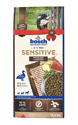 Bosch HPC Sensitive Ente & Kartoffel | Hundefutter für ernährungssensible Hunde - Getreidefreies Trockenfutter mit frischer Ente, ideal für empfindliche Hunde. Stärkt die Darmflora und Gelenke durch Immun-Komplex und Muschelextrakte.