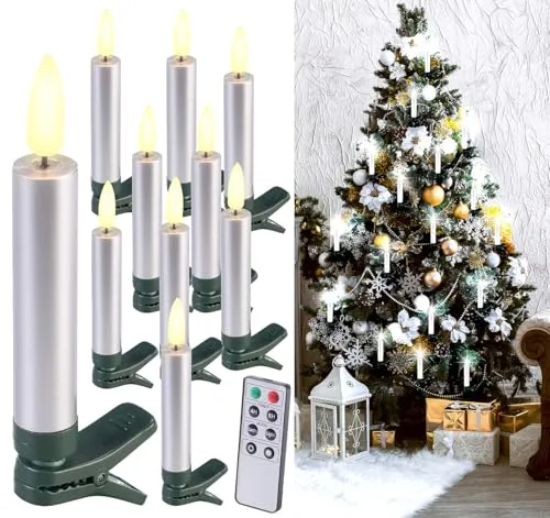 Lunartec Baumschmuck: 10er-Set LED-Weihnachtsbaumkerzen mit Dochten und Flammen-Effe, Silber (Weihnachtsbaumbeleuchtung, Weihnachtsbeleuchtung, Weihnachtsbaum)