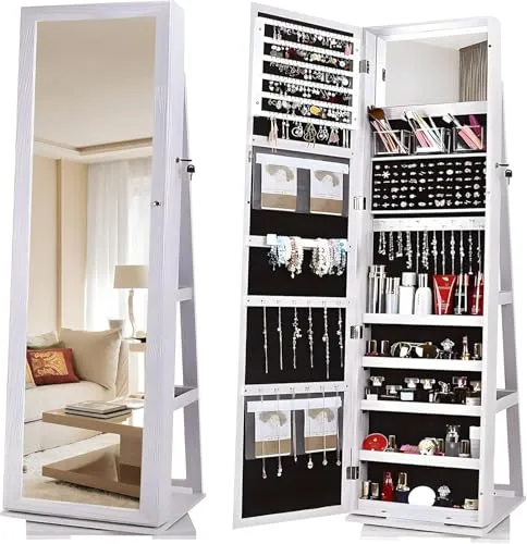 sogesfurniture Schmuckschrank mit Standspiegel, Spiegelschrank abschließbar, um 360° drehbar, große Schmuckaufbewahrung mit Schmuckregal, Ablagen, Weiß