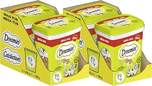 DREAMIES™ Mega Box Thunfisch Geschmack 2 x 350g - Praktische Vorratsbox für Katzenleckerli mit himmlischem Thunfischgeschmack. Außen kross, innen cremig – ideal für Snack-Spaß ohne künstliche Aromastoffe. Entdecken Sie die Vielfalt von DREAMIES!