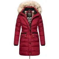 Navahoo Damen Winter Steppmantel Paula Dark Red Gr. XS - Funktionsjacken: Warmer, taillierter Wintermantel mit abnehmbarer Kunstfellkapuze, wind- und wasserabweisend – ideal für kalte Tage!