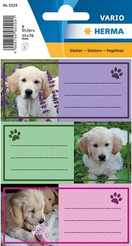 HERMA 5529 Buchetiketten Hunde - 9 selbstklebende, bunte Etiketten für Schulbücher und Heftschoner, ideal für Kinder und kreative Beschriftungen
