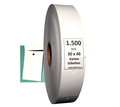 BT-Label 1500 Kartonetiketten 30 x 46 mm auf Rolle blanko Endlosetiketten mit Loch Preisetiketten für Etikettiergeräte Kleidung Etiketten Anhänger Hang Tags