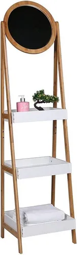habeig Wäscheschrank Badezimmerschrank Wäschetruhe Holz Bambus Spiegel (323) - Stylischer Bambus-Wäscheschrank mit Rundspiegel und 3 Ablagefächern. Ideal für Badezimmer oder Flur, verbindet modernes Design mit Funktionalität. Maße: 158x40x39 cm, inklusive einfacher Aufbauanleitung.