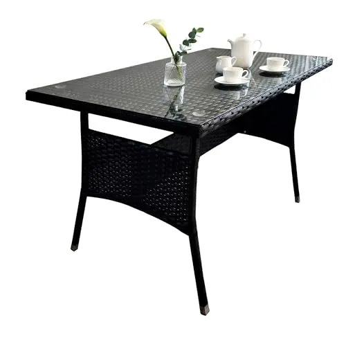 Relaxdays Wetterfester Gartentisch aus Polyrattan, 70x100x60 cm, Schwarz