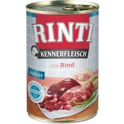 RINTI Kennerfleisch Junior Dose | Rind 12 x 400 g - Hundefutter mit hohem Fleischgehalt, ideal für Junghunde und angereichert mit Omega Drei zur Unterstützung der Abwehrkräfte.