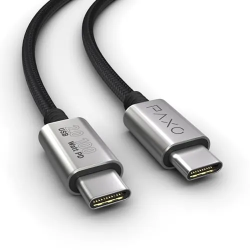 PAXO 0,5m Ladekabel, 100W Power Delivery, USB C auf USB C Kabel, USB 2.0, elegante Metallstecker, besonders flexibler Stoffmantel in schwarz