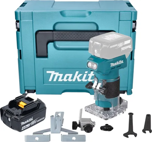 Makita DRT 52 M1J Akku Kantenfräse 18 V - Fräsen - Bürstenlose Technologie für längere Lebensdauer, inkl. Akku 4,0 Ah und LED-Arbeitslicht für präzise Arbeiten, ideal für Tischler und Hobbyhandwerker.