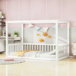 MODFU   Kinderbett 90x200, Jugendbett aus Massivholz, Holzbett  mit Bettgestell, ohne Matratze,Weiß - Weiß