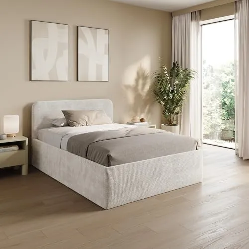 Home Collective Polsterbett 120x200 cm Doppelbett Bett mit verstellbarem Lattenrost & Stauraum, viele Größen verfügbar | Kordstoff Hellbeige