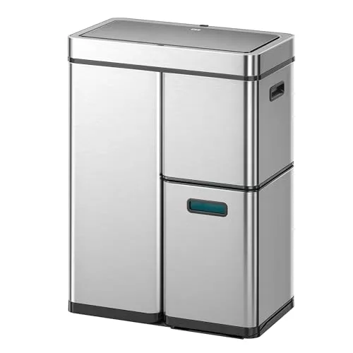 EKO Mirage Plus Mülltrennsystem mit 3 Fächer, 2 x 15 L und 30 L, Recycler Mülleimer mit Sensor, 3 Kunststoff Inneneimer, Automatischer Abfalleimer mit Deckel, großer Mülleimer Küche 60l, Edelstahl
