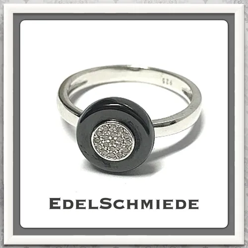 Edelschmiede925 Silberring schmaler Ring Keramik Top + Zirk (schwarz) Größe 57