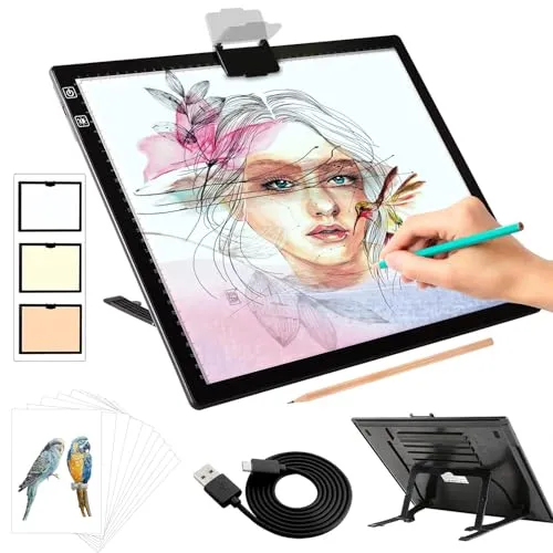 elice leuchttisch A3,Wiederaufladbares leuchtkasten mit Ständer/Clip,3 Farben stufenlos dimmbar und 6 Helligkeitsstufen,diamond painting Zubehör,lightpad für diamond painting,Zeichnen,Skizzieren