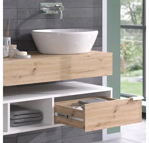 Vicco Waschbeckenunterschrank Henri, Weiß/Artisan-Eiche, 100 cm - Waschbeckenunterschrank mit 1 Schublade und 2 offenen Fächern, ideal für platzsparende Badezimmergestaltung.