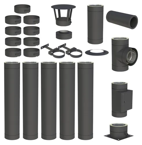 6,2 m Edelstahlschornstein Ø 130 mm Komplettset doppelwandig DW-Black - Komplettset für doppelwandigen Edelstahlschornstein Ø 130 mm, ideal für Öl-, Gas- und Holzfeuerstätten. Einfache Montage durch passgenaue Steckverbindungen, geeignet für Wand- oder Bodenmontage.