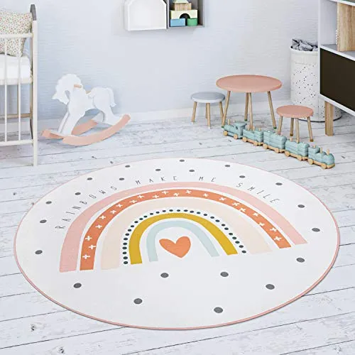Paco Home Kinderteppich Chicos 552, rund, Regenbogen-Motiv - Kurzflor-Teppich mit pastellfarbenem Regenbogen-Design, strapazierfähig und schadstofffrei – ideal für Spiel und Spaß im Kinderzimmer!