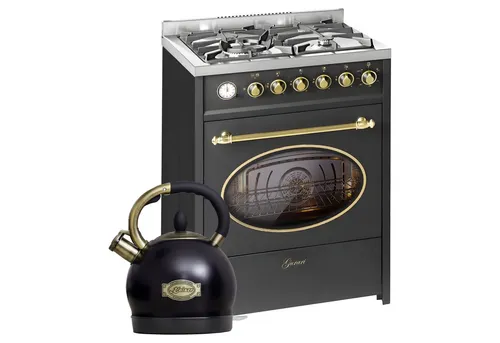 GURARI Gas-Standherd GCH G 614 BL+WK 2000 Em - 60 cm Gas Standherd mit 55 l Backofenvolumen und 1-fach-Teleskopauszug für bequemes Kochen und Backen, inklusive Kaiser Retro Wasserkocher in Schwarz.