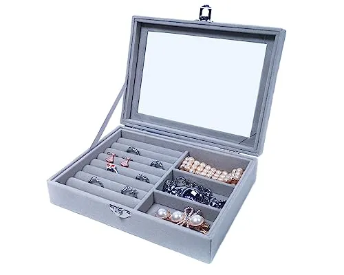 Yudu Schmucktablett Schmucklade Schaukasten mit Glasdeckel grau (für Ring + 3 Fächer)