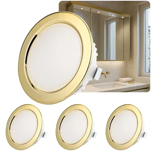 Sweet Led 4x flache Einbauleuchte 12V IP44 – Gold - Elegante 4er Set LED Möbeleinbauleuchten für stilvolle Innenräume, ideal für Feuchträume wie Bad und Küche – spritzwassergeschützt und ultra-flach mit nur 21 mm Einbautiefe.