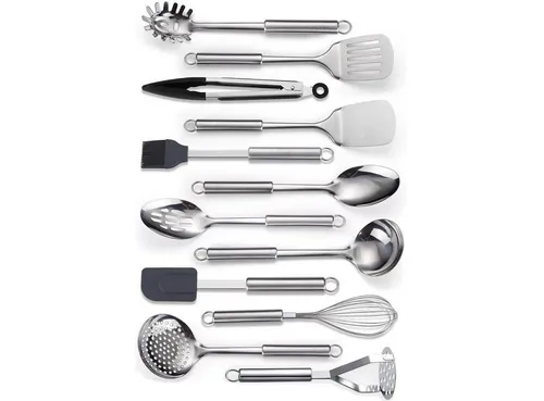 SURFOU Kochbesteck-Set Küchenhelfer Küchenutensilien 12 Stück Edelstahl Silikon Küchenset (Spiegelpolitur, Rostfrei & Spülmaschinenfest, 12-tlg., mit Aufhängeösen, Professionelles Küchengeschirr, Kochzubehör), edelstahl, spülmaschinenfest
