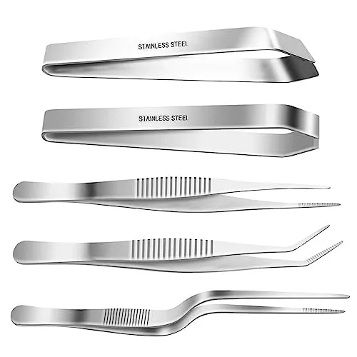 SelfTek 5 Stück Küchenpinzette Edelstahl,Grätenzange für Fisch,Koch Pinzette Gräten Flach und Slant Zange Fischpinzette rostfrei für Koch,Meeresfrüchte,Geflügel(Silber)