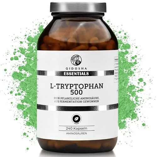 QIDOSHA® L Tryptophan Kapseln hochdosiert, 240 Kapseln im Glas, vegan, L-Tryptophan 500mg je Kapsel, rein pflanzliches L-Tryptophan 500 mg, L Tryptophan hochdosiert, in Deutschland produziert