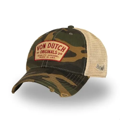 Von Dutch Originals Trucker Cap - ORIGINALS 1929 USA MAC Camo - Grün - Hochwertige Trucker Cap aus Twill im Used-Look mit verstellbarem Snapback-Verschluss. Ideal für Herren und Damen, robust und atmungsaktiv, mit stylischem Motiv Patch.