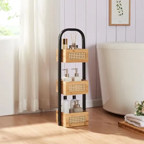 [en.casa] Badezimmerregal Tervola mit 3 Körben – Stilvolles Badregal in Rattan-Optik - Elegantes Badezimmerregal aus langlebigem Material mit drei geräumigen Körben zur praktischen Aufbewahrung von Pflegeprodukten und Handtüchern. Ideal für Badezimmer, Flur oder Küche.