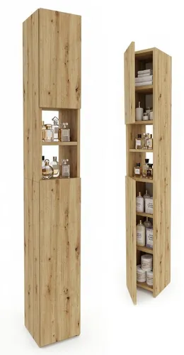 möbelkap Badezimmerschrank Eiche Artisan 24×31×172 cm – Moderner Badhochschrank mit viel Stauraum - Praktischer Hochschrank mit Türen und offenen Fächern, der viel Platz für Handtücher und Kosmetik bietet. Hergestellt aus robuster, feuchtigkeitsbeständiger Platte für langlebige Nutzung – ideal für jedes Bad.