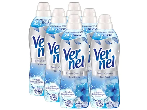 VERNEL Fresh Control Cool Fresh Weichspüler 6x 37 WL (222 Waschladungen), Wäscheduft für 24/7 langanhaltende Frische mit Geruchs-Neutralisierungs-Technologie, recycelbare Flasche