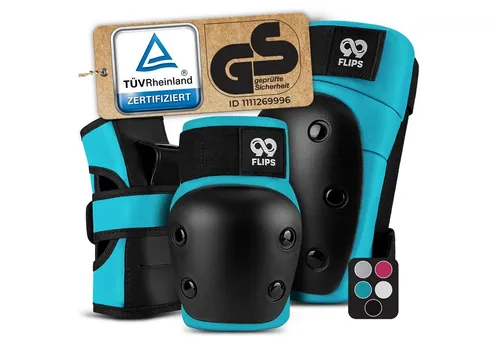 99FLIPS Protektoren-Set DIVE für Erwachsene - 6-teiliges Protektoren Set für Skateboard, Inline Skates und Longboard, atmungsaktive Hartschalen-Protektoren in Hellblau für optimalen Schutz und Komfort beim Fahren.