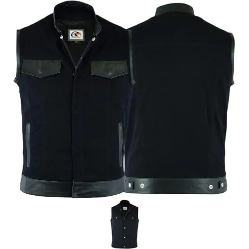 German Wear Denim Motorrad Biker Kutte Weste - Funktionsjacke aus robustem Denim und Lammnappa-Leder, ideal für Biker mit praktischem Design, 6 Taschen und komfortablem Polyesterfutter. Made in Germany.