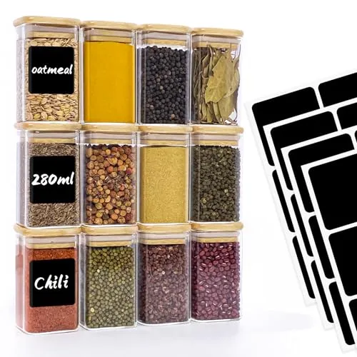 Withosent Vorratsdosen Glas 12er Set, 280ml Gewürzgläser Eckig Holzdeckel, Vorratsgläser Glasbehälter mit Deckel Klein, Stapelbare Gewürzdosen Küche für Gewürze, Spice Jars