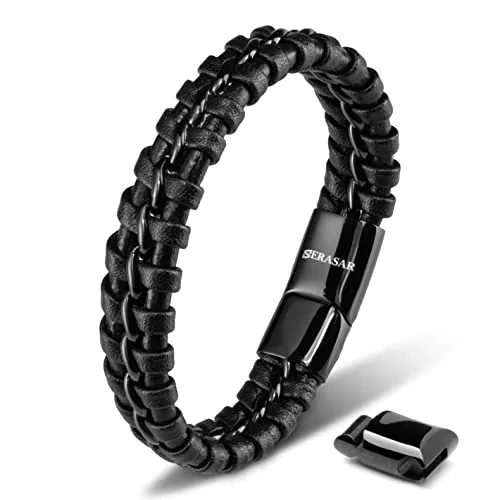 SERASAR Herren Armband aus Leder 20cm Schwarz - Armbänder für Herren, elegantes geflochtenes Design aus echtem Rindsleder, ideal als stilvolles Geschenk in einer attraktiven Schmuckschachtel.