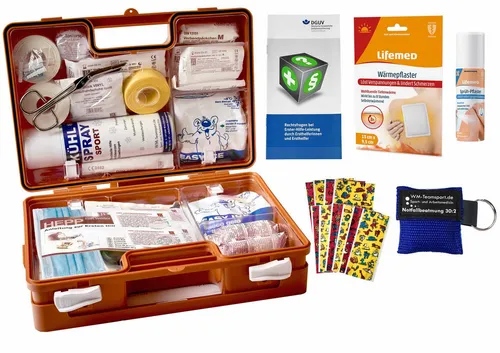 WM-Teamsport Erste-Hilfe-Koffer Sport-Sanitätskoffer PLUS 4 - Erste Hilfe Koffer nach DIN 13157, ideal für Betriebe und Sport. Robuster Koffer mit verstärkten Ecken, inklusive Sprüh- und Wärmepflaster für schnelle Hilfe. Mobil und stationär einsetzbar.