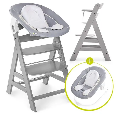 Hauck Hochstuhl Alpha Plus Grey - Newborn Set (Set, 4 St), Holz Babystuhl ab Geburt mit Aufsatz für Neugeborene höhenverstellbar