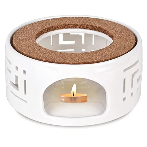 Vegena Stövchen für Teekanne, Teewärmer aus Keramik mit Korkauflage, Stövchen Teekanne Basis Weiß Hohl Geschnitztes Design, Teestövchen Teelichtofen für die Wärmeerhaltung von Tee und Kaffee